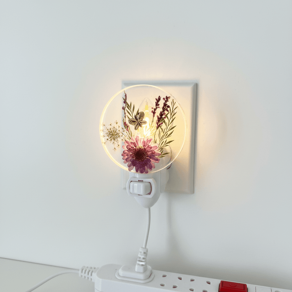 Handmade Resin LED Night Light –Red botanical plugged into a wall and glowing