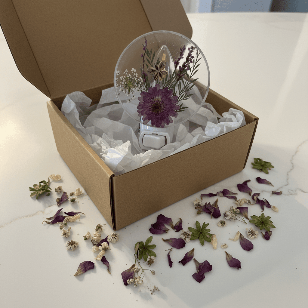 Red botanical resin globe night light in gift box displayed on counter — ready to gift
