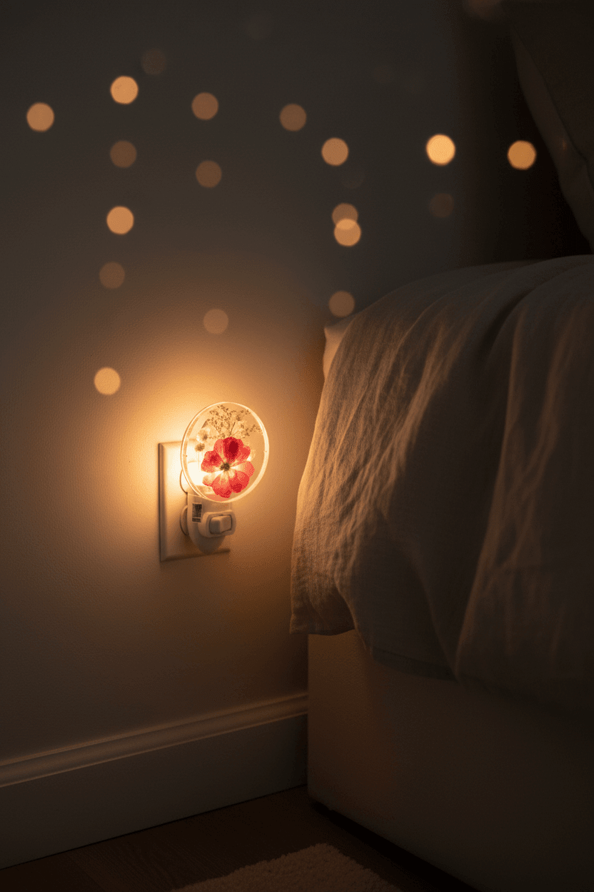 LED resin night light plugged into a outlet in dark room to show the glow