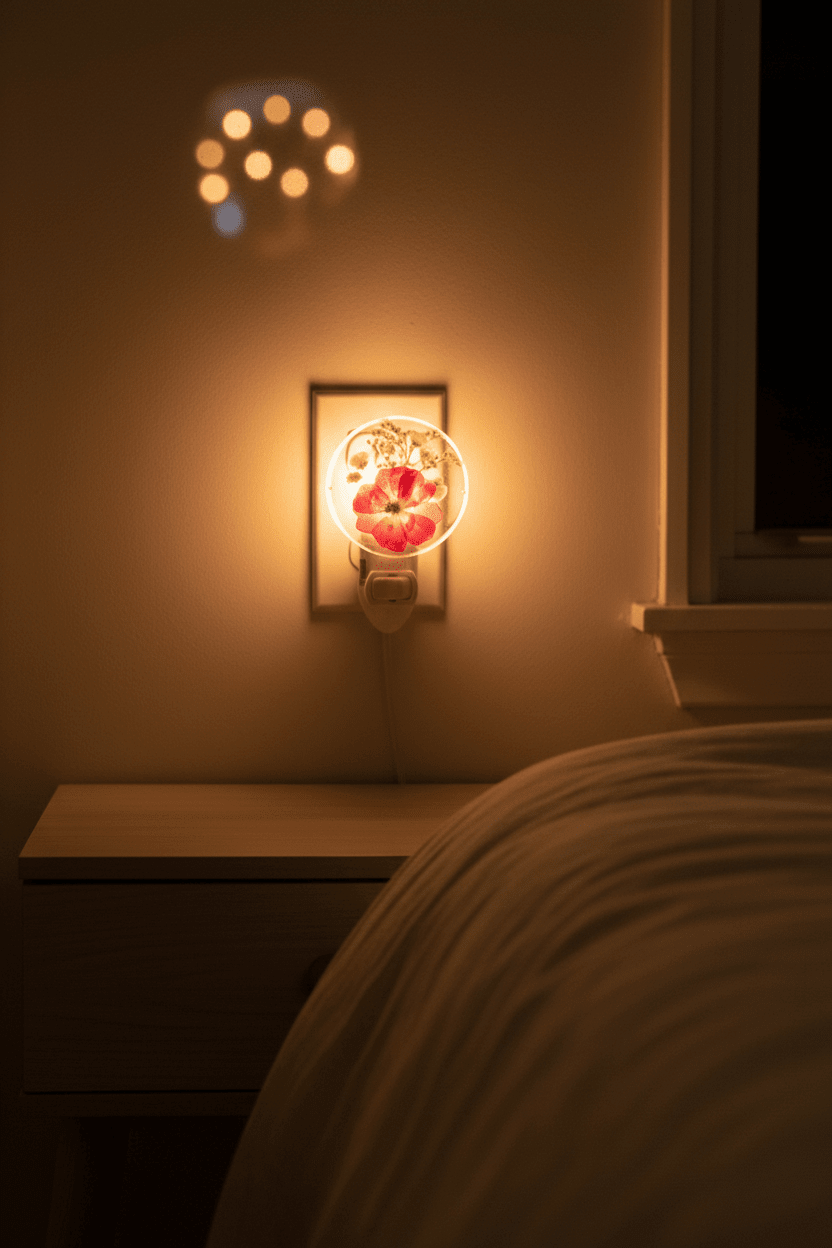Red botanical led night light in darkened room glowing