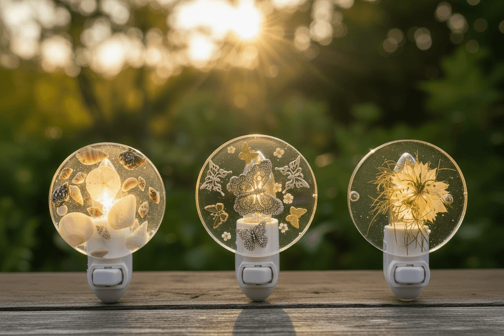 Handmade resin globe night lights with floral designs backlit by golden sunset
