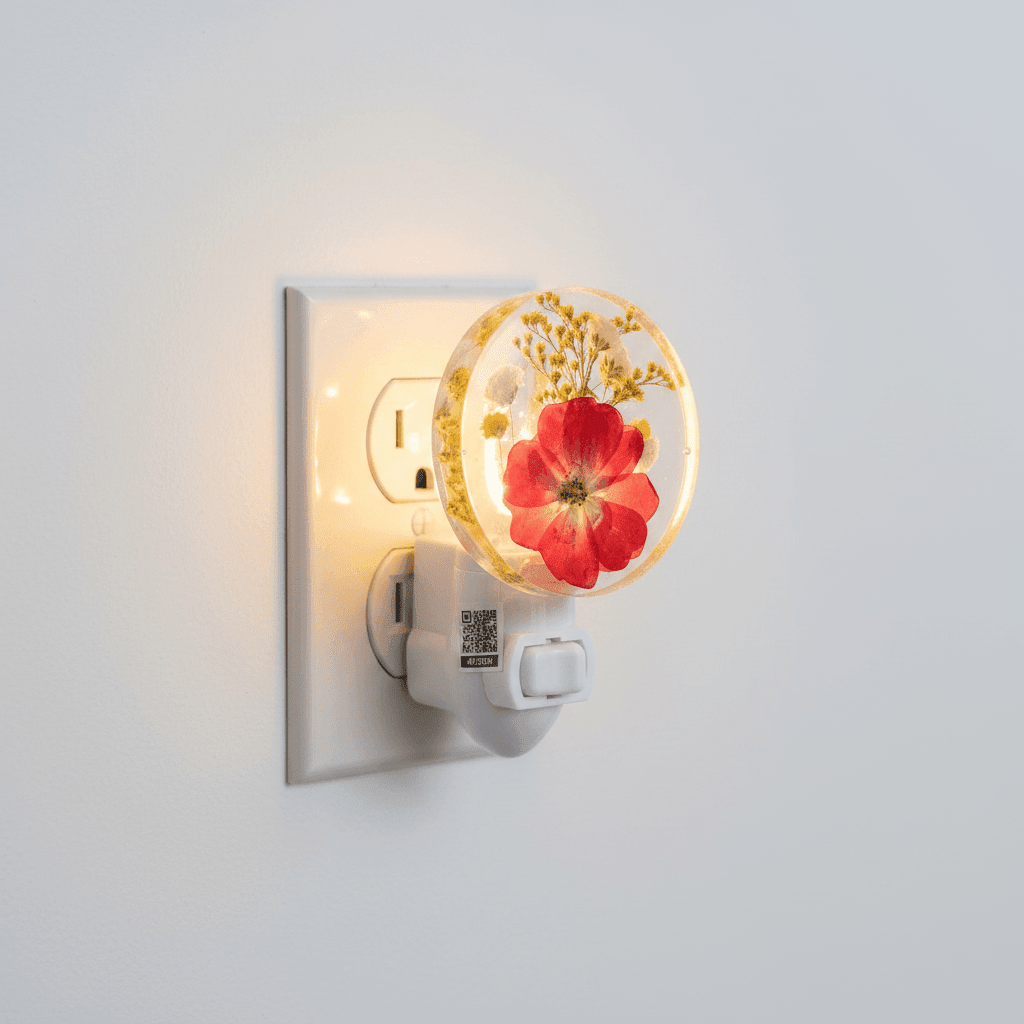 Side view of pressed floral design plugged into wall and glowing