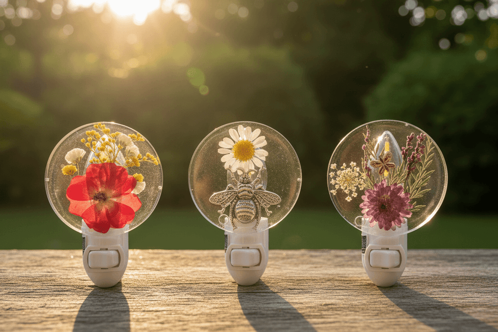 Three handmade resin globe night lights with pressed flowers glowing in sunset
