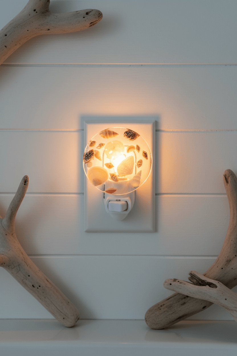Sea shell led night light plugged into wall and glowing