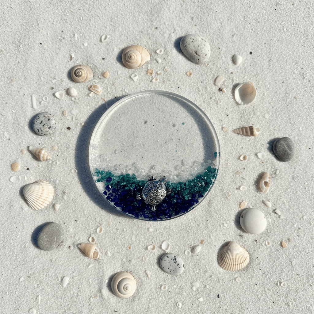LED resin handmade night light ocean design on beach surrounded by shells