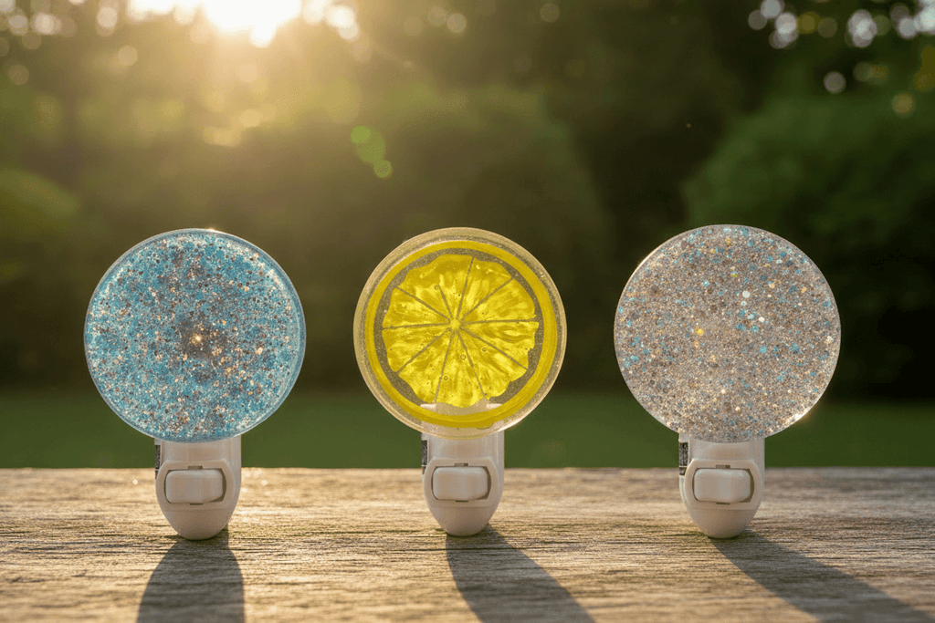 Pastel handmade resin led night lights displayed outdoors in natural sunlight glitter and lemon design