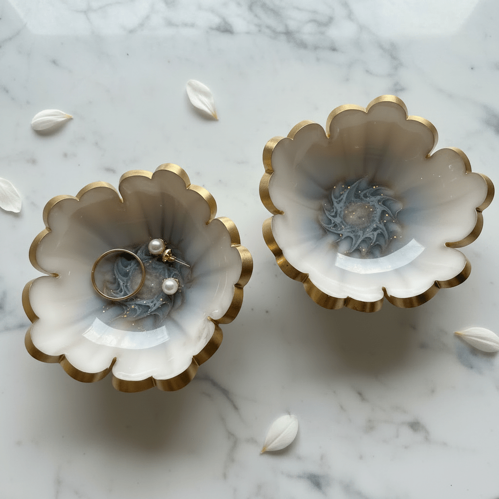 Handmade Resin Ring Dish – Scalloped Flower Jewelry Holder | Single or Pair - The Glossy Gift Shop