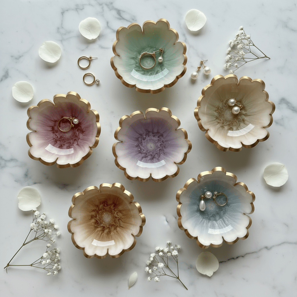 Handmade Resin Ring Dish – Scalloped Flower Jewelry Holder | Single or Pair - The Glossy Gift Shop