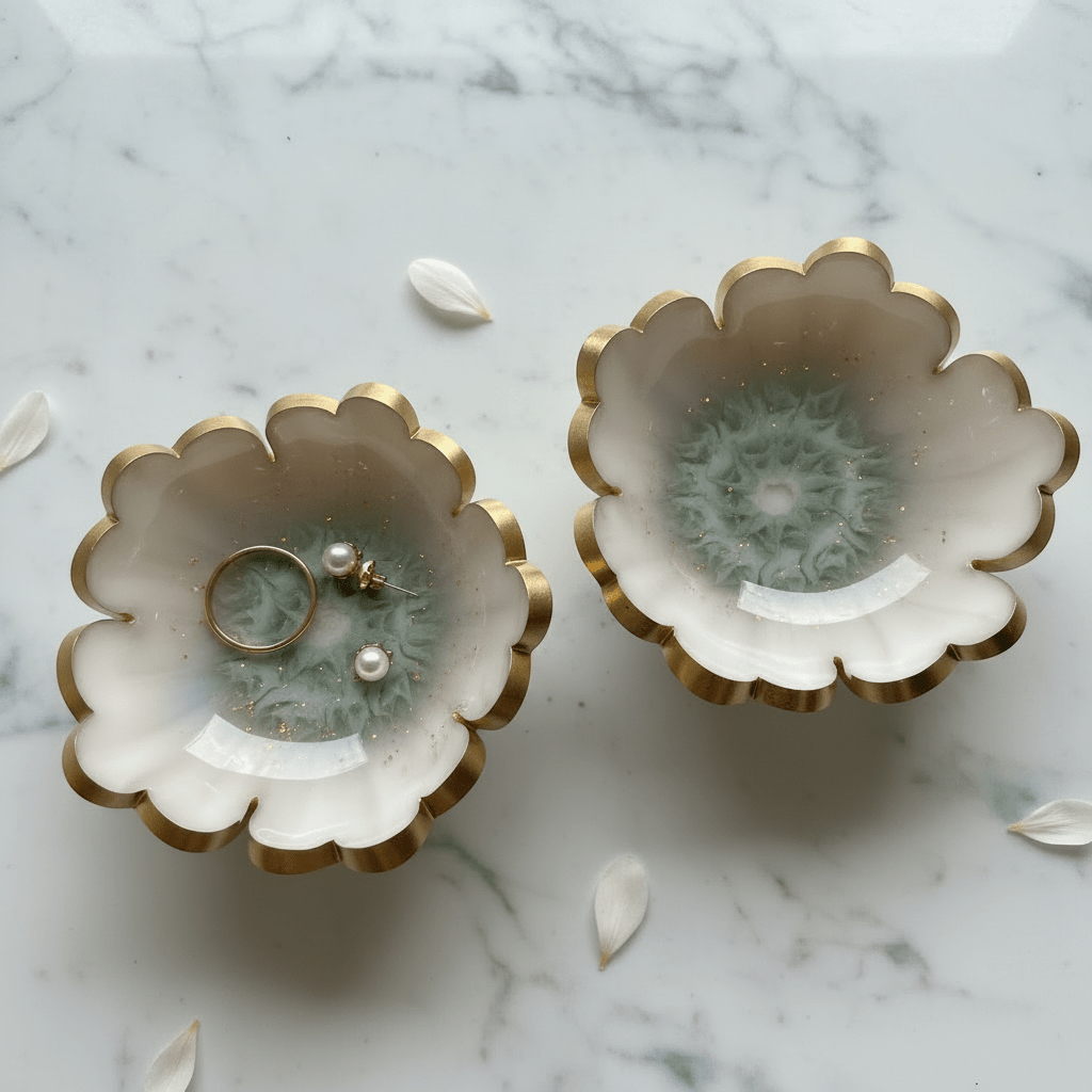 Handmade Resin Ring Dish – Scalloped Flower Jewelry Holder | Single or Pair - The Glossy Gift Shop