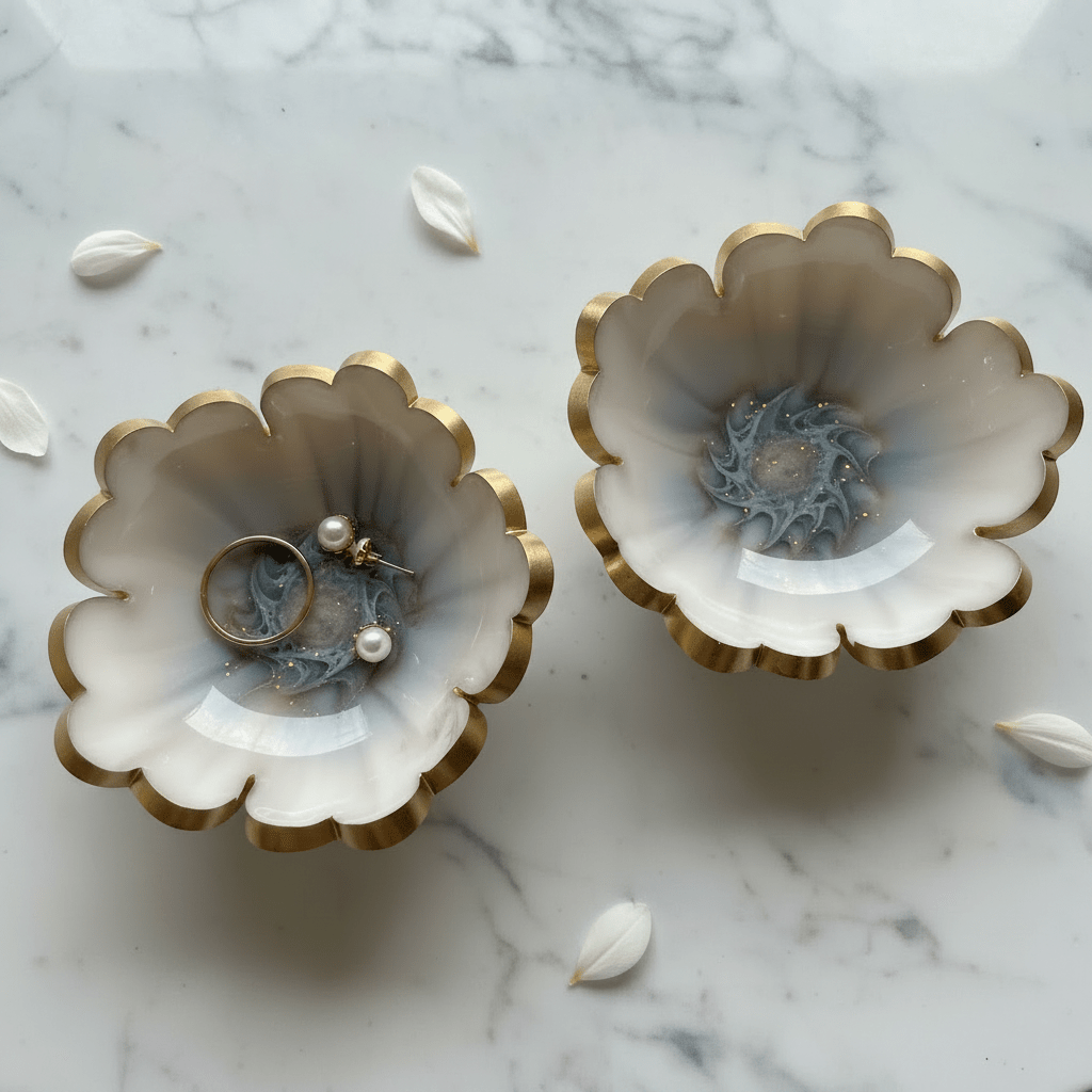 Handmade Resin Ring Dish – Scalloped Flower Jewelry Holder | Single or Pair - The Glossy Gift Shop