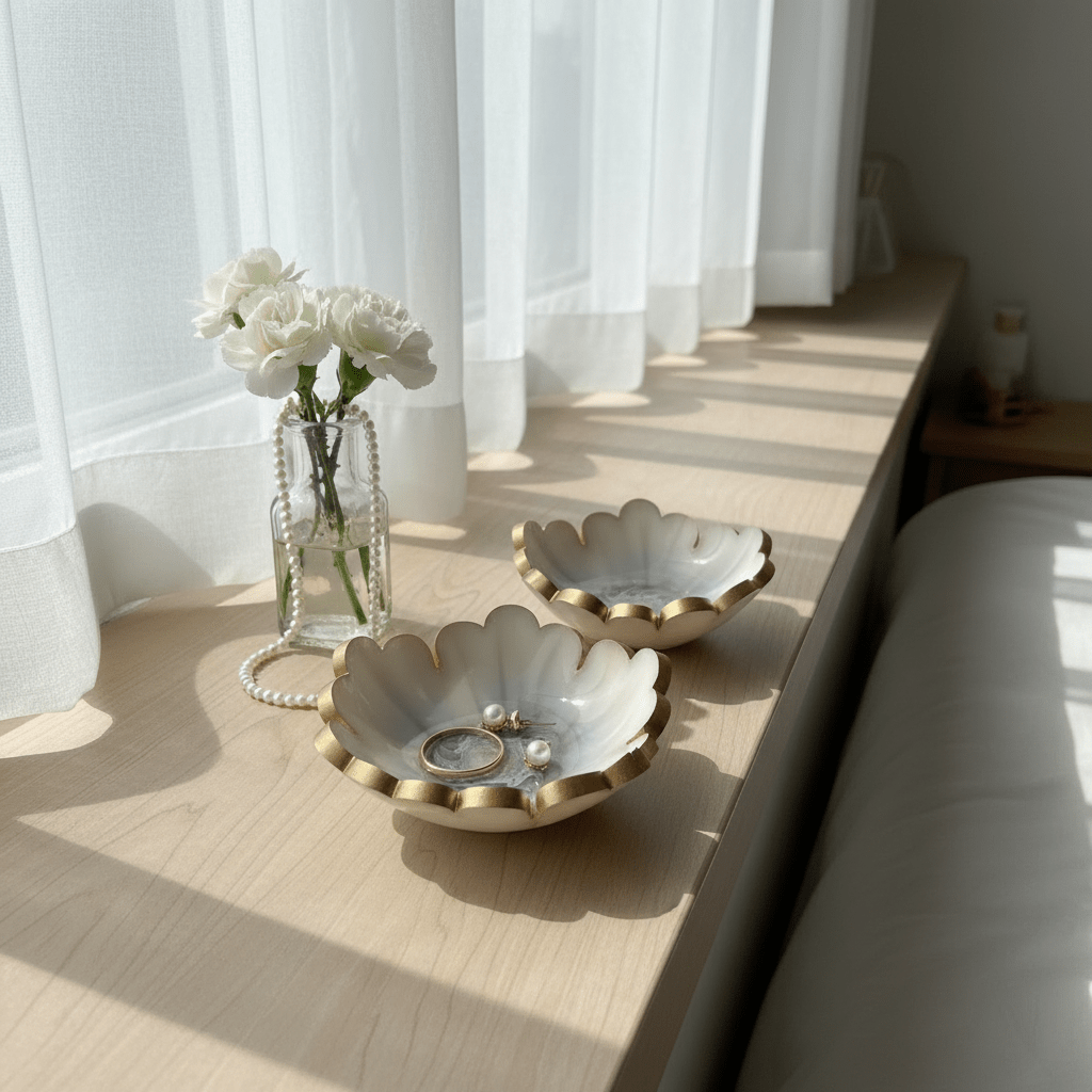 Handmade Resin Ring Dish – Scalloped Flower Jewelry Holder | Single or Pair - The Glossy Gift Shop
