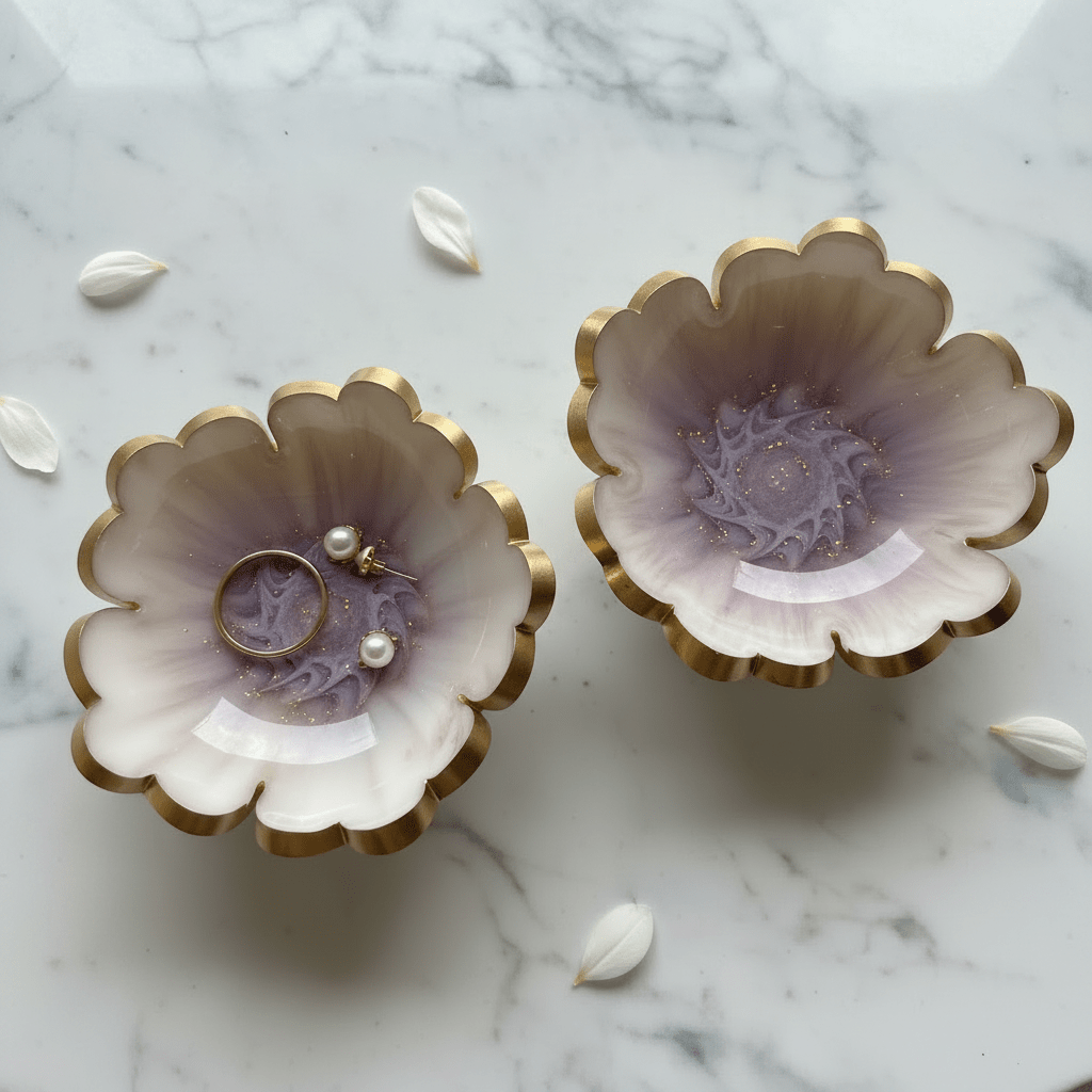 Handmade Resin Ring Dish – Scalloped Flower Jewelry Holder | Single or Pair - The Glossy Gift Shop