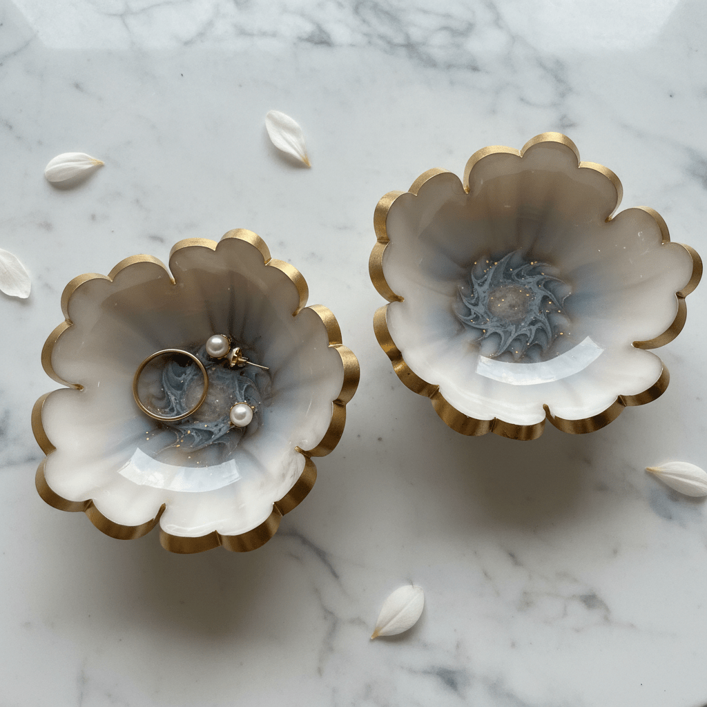 Handmade Resin Ring Dish – Scalloped Flower Jewelry Holder | Single or Pair - The Glossy Gift Shop