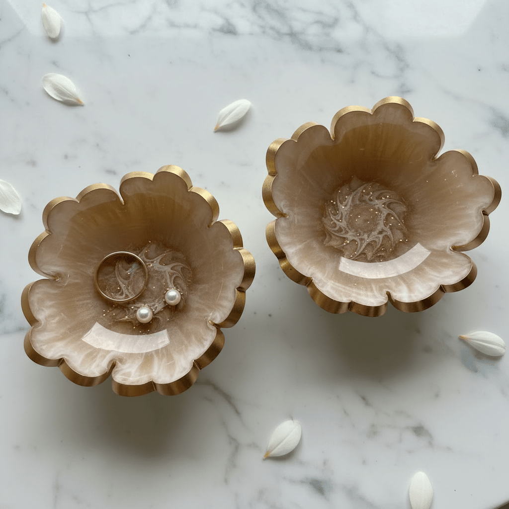 Handmade Resin Ring Dish – Scalloped Flower Jewelry Holder | Single or Pair - The Glossy Gift Shop