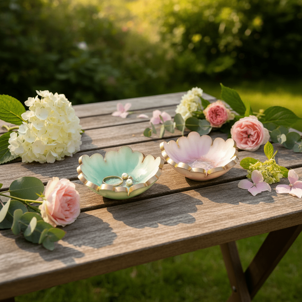 Handmade Resin Ring Dish – Scalloped Flower Jewelry Holder | Single or Pair - The Glossy Gift Shop