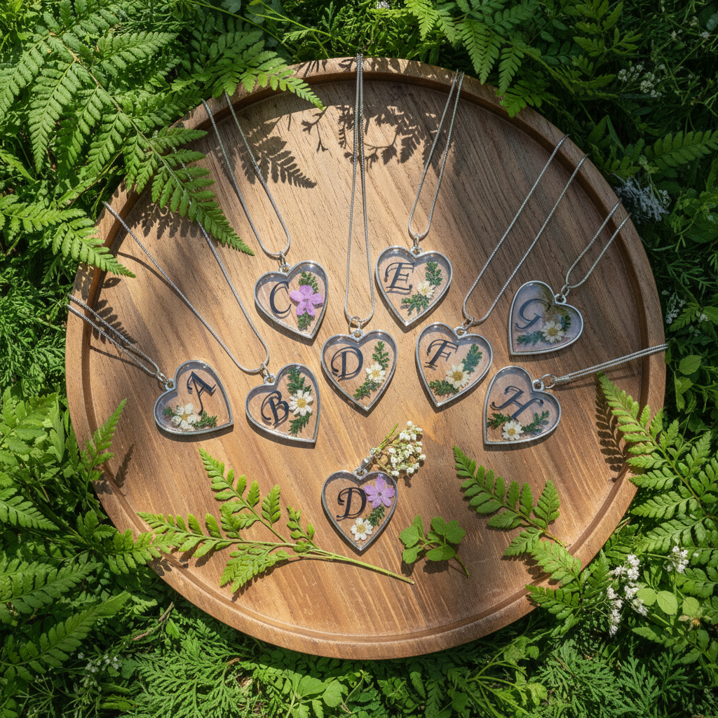 Heart Initial Pendants on Tray in Woods