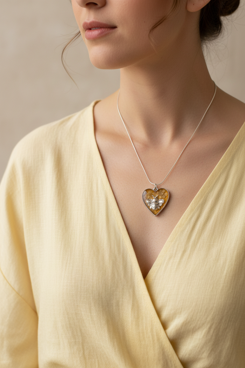 Honey Bee Heart Pendant on Model