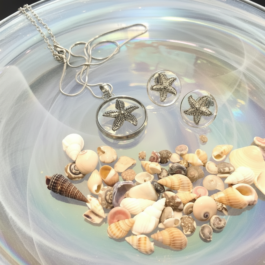 Close-up of starfish pendant necklace and earring set in iridescent bowl
