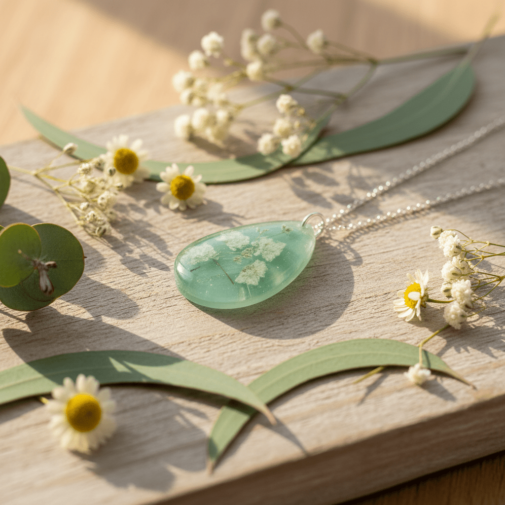 Jade Green Resin Teardrop Necklace – White Flower Pendant - The Glossy Gift Shop
