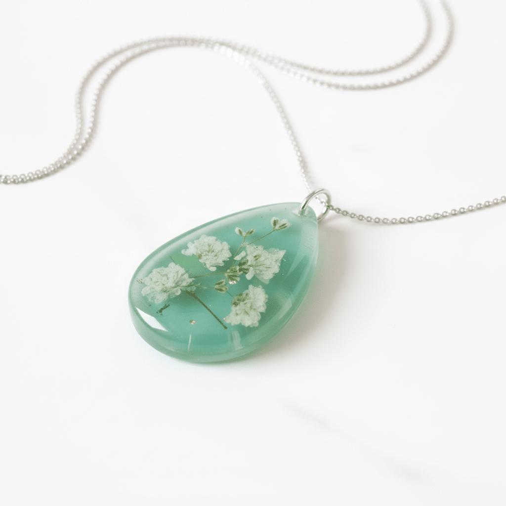 Jade Green Resin Teardrop Necklace – White Flower Pendant - The Glossy Gift Shop