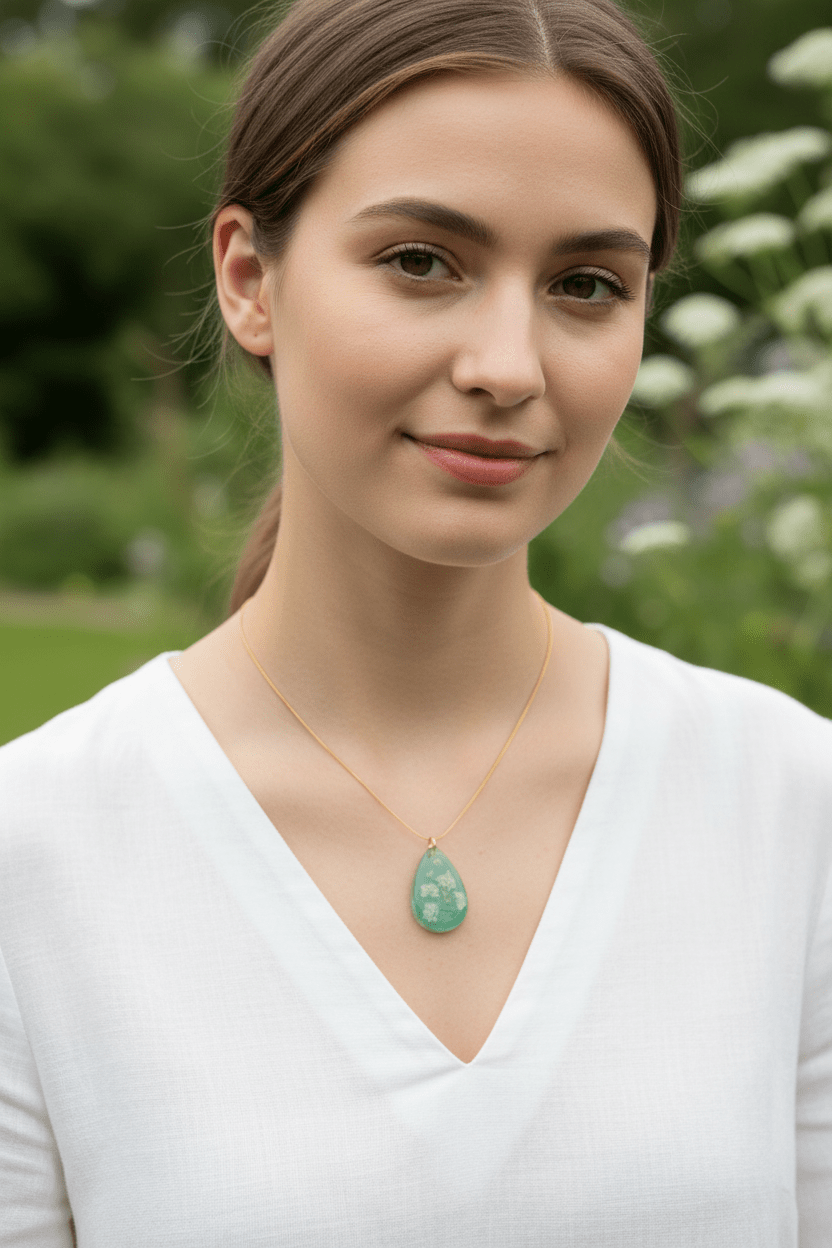 Jade Green Resin Teardrop Necklace – White Flower Pendant - The Glossy Gift Shop