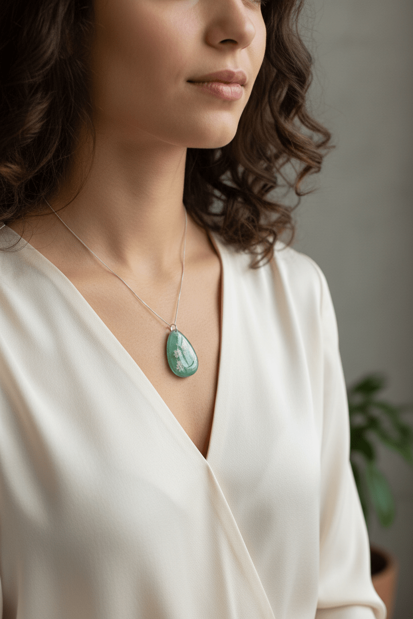Jade Green Resin Teardrop Necklace – White Flower Pendant - The Glossy Gift Shop