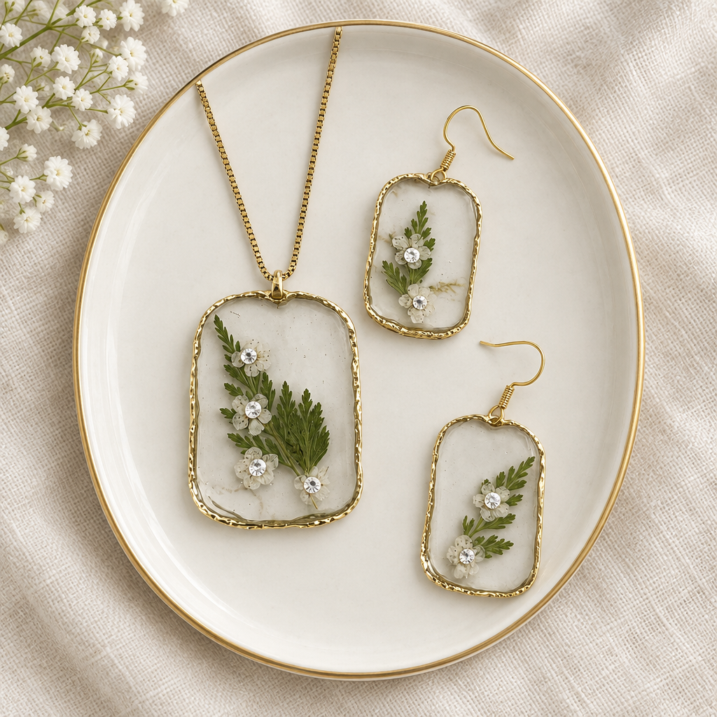 Jewelry set on a ceramic holder, photographed overhead