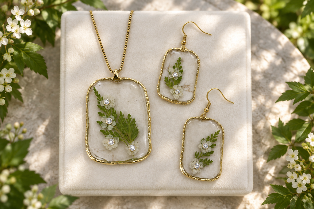 Jewelry set on a velvet holder outdoors, photographed overhead