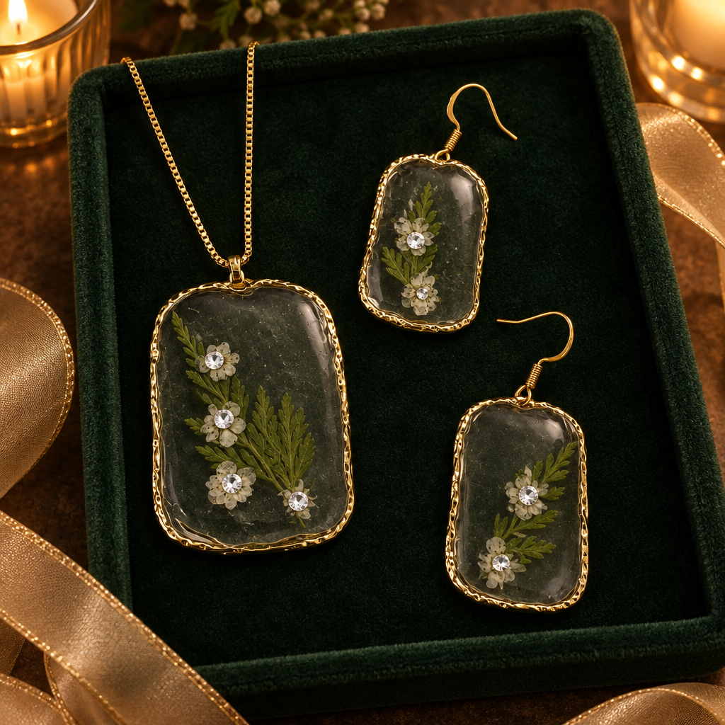Jewelry set on forest-green velvet