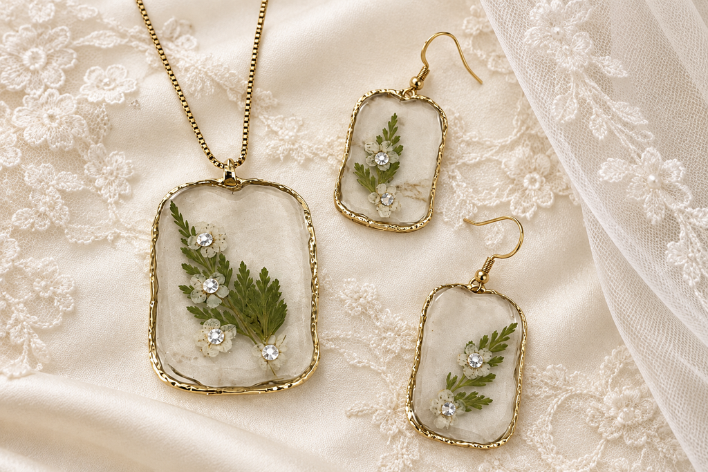 Jewelry set on ivory lace