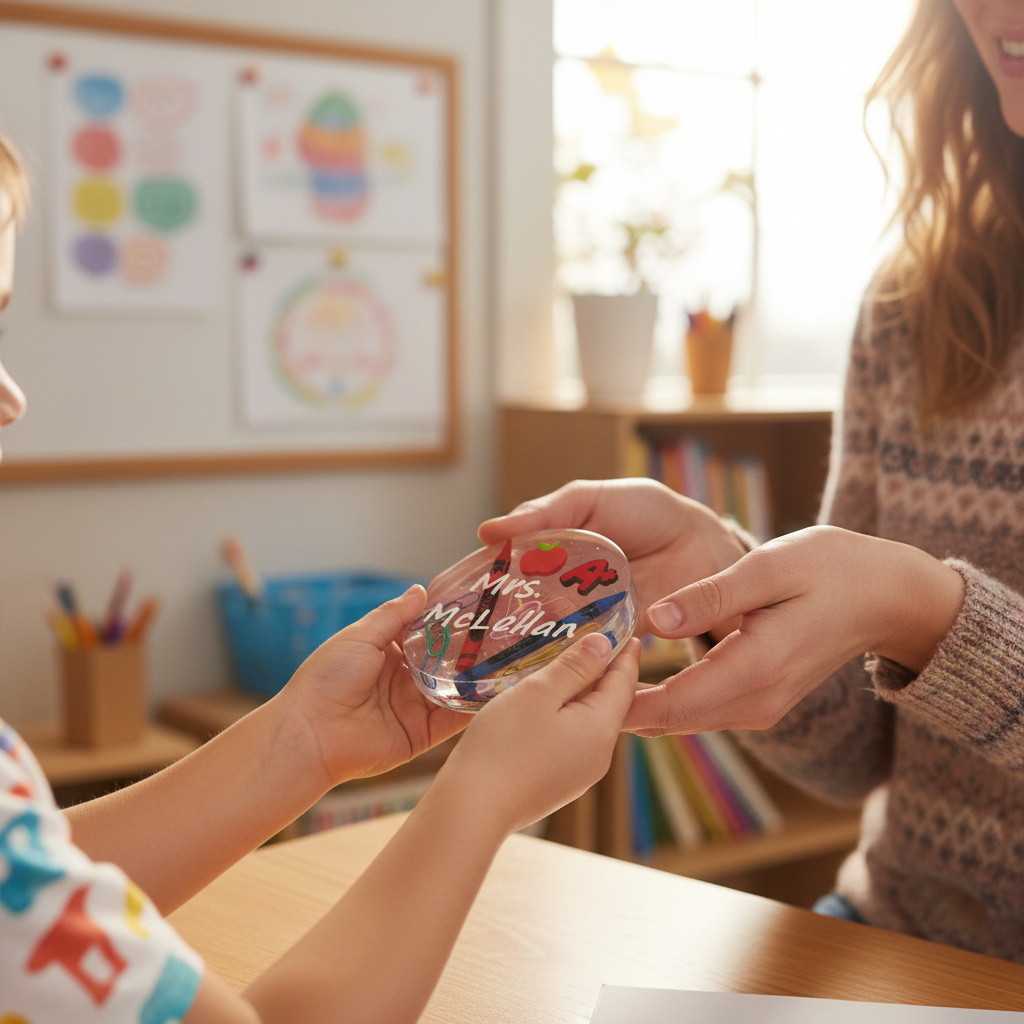 Kid handing disc to teacher