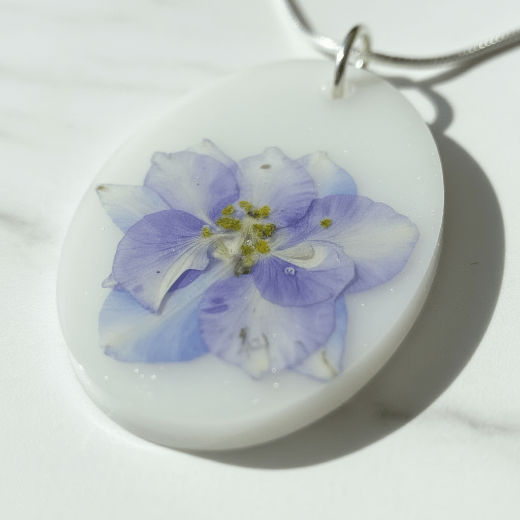 Lavender Iris Resin Necklace – Pressed Flower Oval Pendant - The Glossy Gift Shop