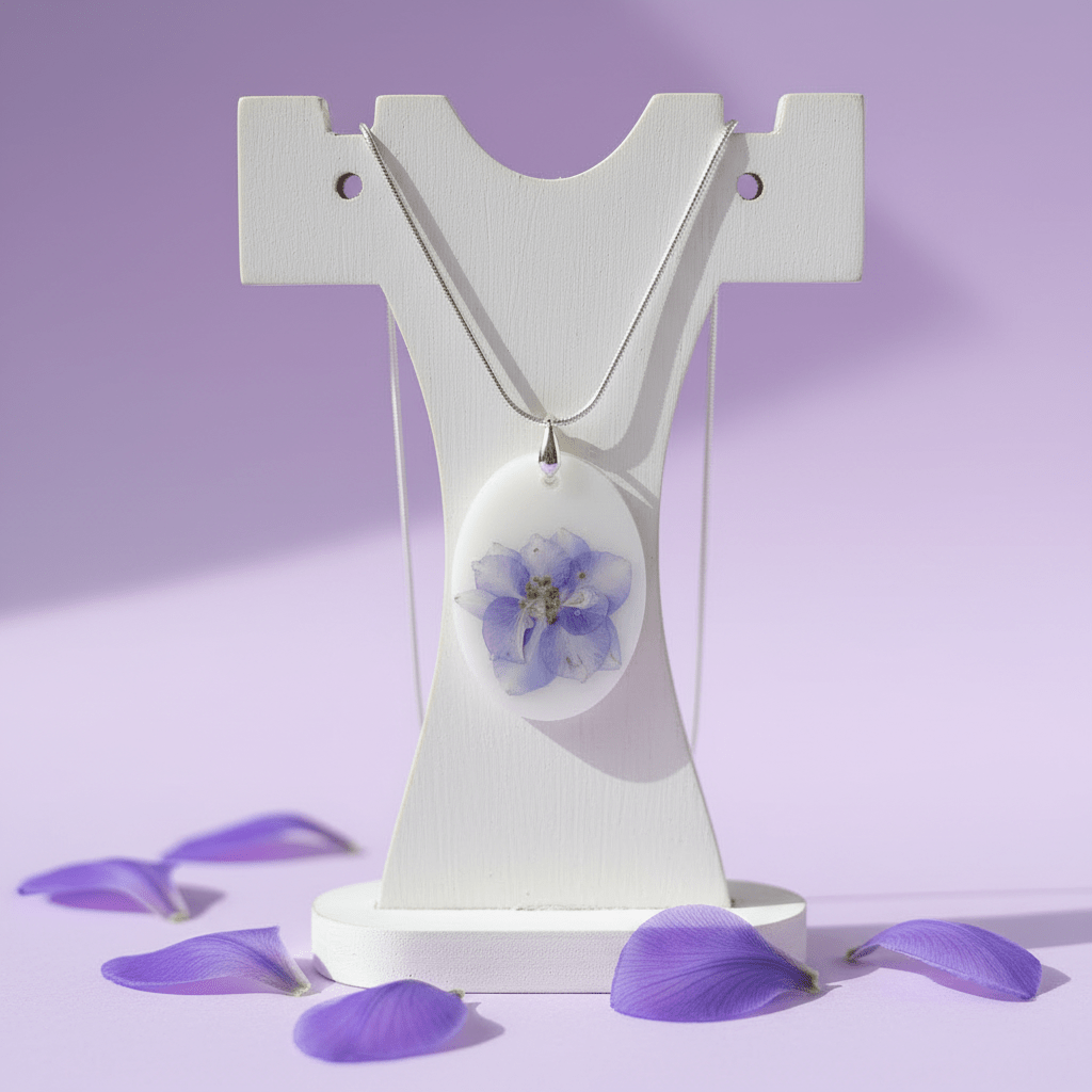 Lavender Iris Resin Necklace – Pressed Flower Oval Pendant - The Glossy Gift Shop