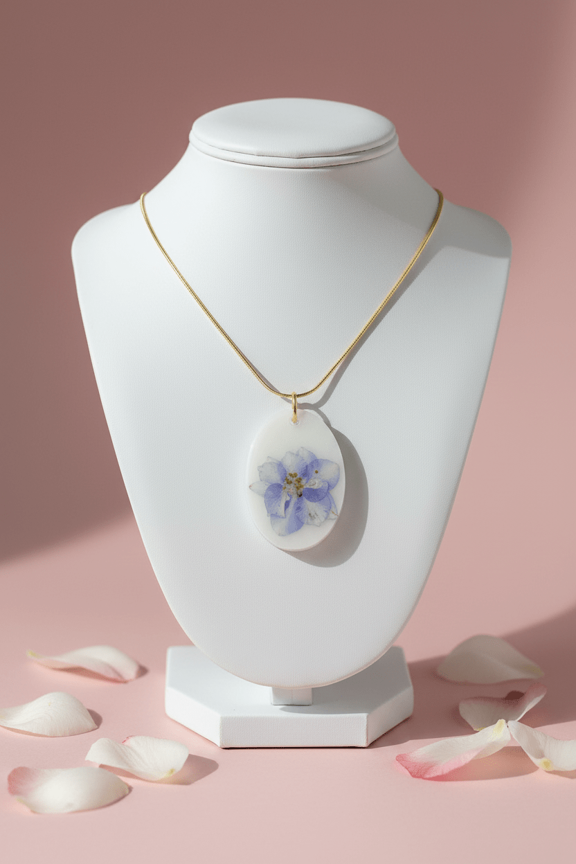 Lavender Iris Resin Necklace – Pressed Flower Oval Pendant - The Glossy Gift Shop