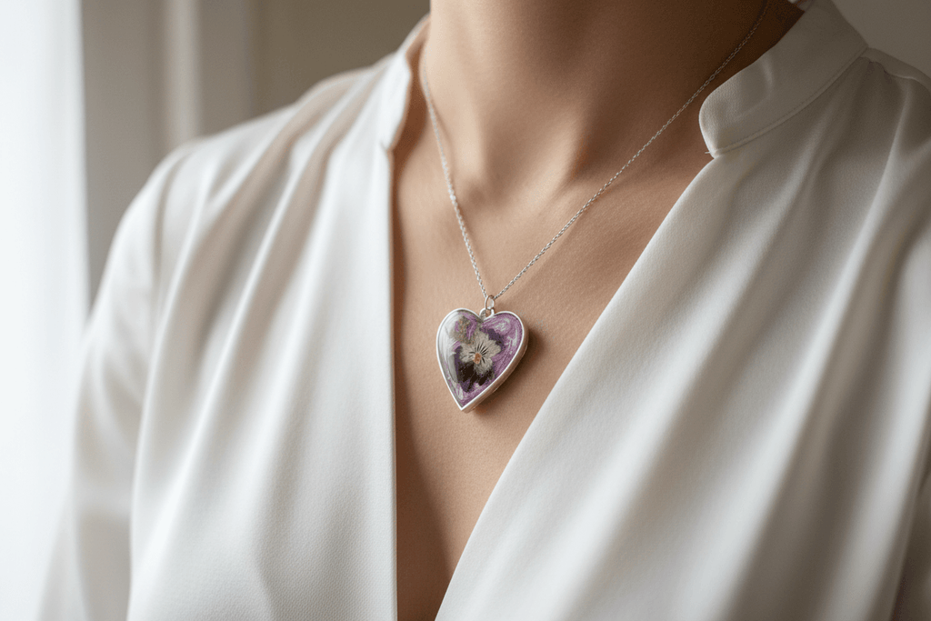Lilac Heart Pendant - Model White Blouse
