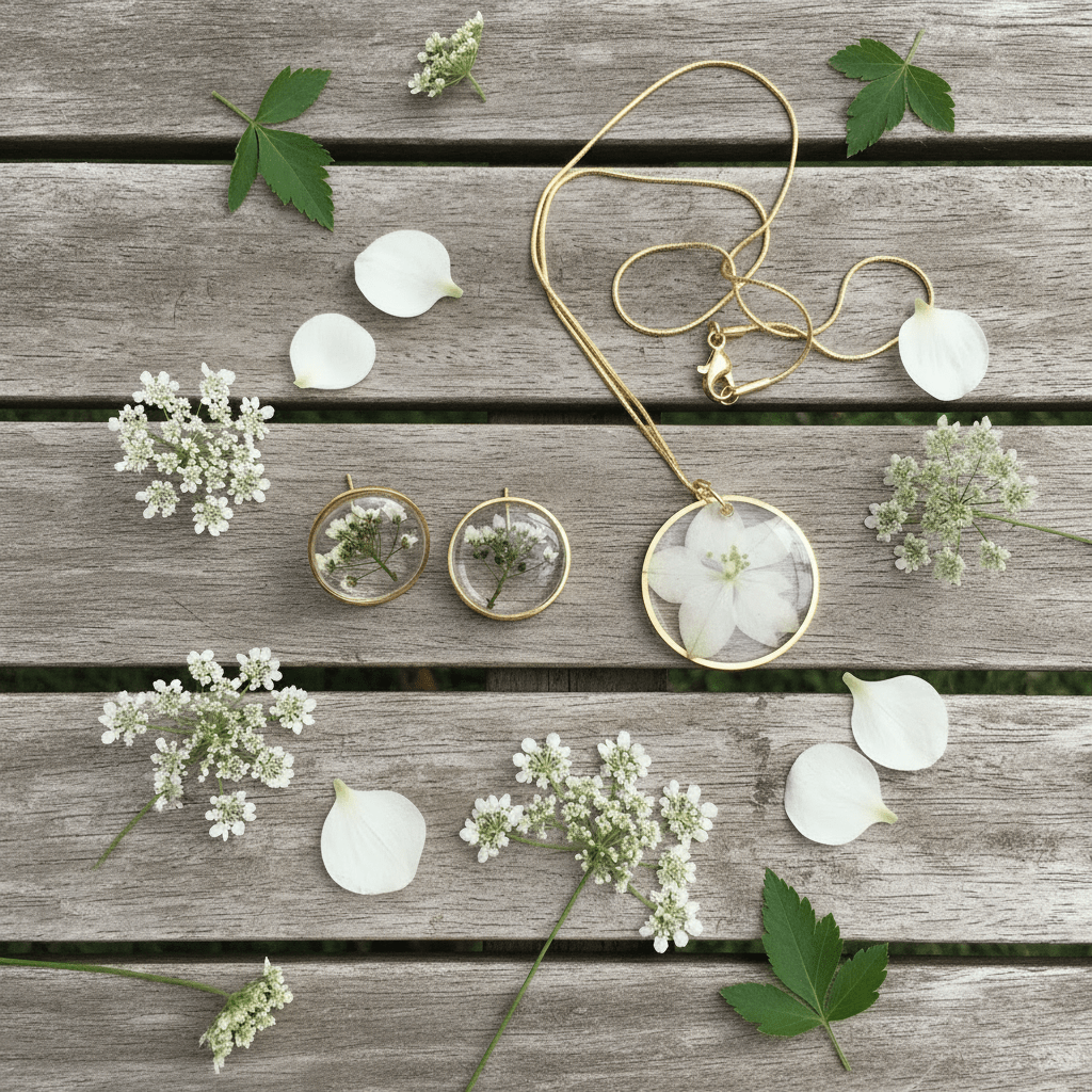 Love-in-the-Mist Resin Jewelry Set – Pressed Flower Necklace & Earrings - The Glossy Gift Shop