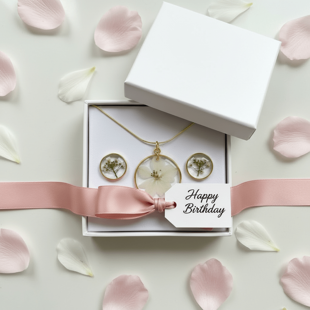 Love-in-the-Mist Resin Jewelry Set – Pressed Flower Necklace & Earrings - The Glossy Gift Shop