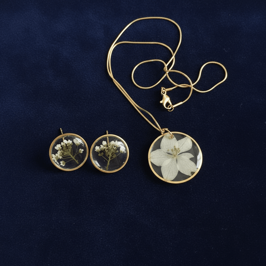 Love-in-the-Mist Resin Jewelry Set – Pressed Flower Necklace & Earrings - The Glossy Gift Shop