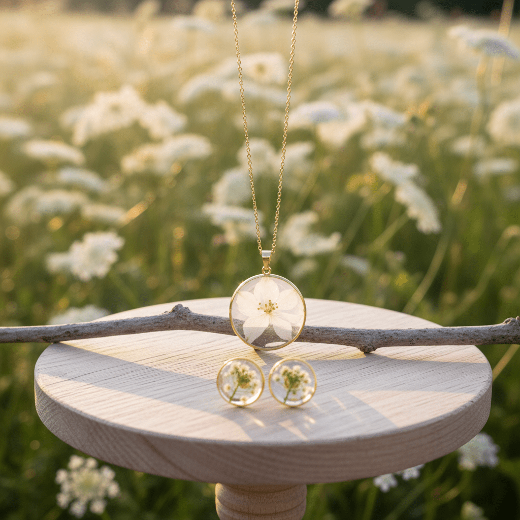 Love-in-the-Mist Resin Jewelry Set – Pressed Flower Necklace & Earrings - The Glossy Gift Shop