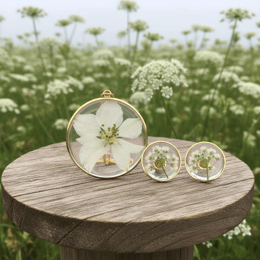 Love-in-the-Mist Resin Jewelry Set – Pressed Flower Necklace & Earrings - The Glossy Gift Shop