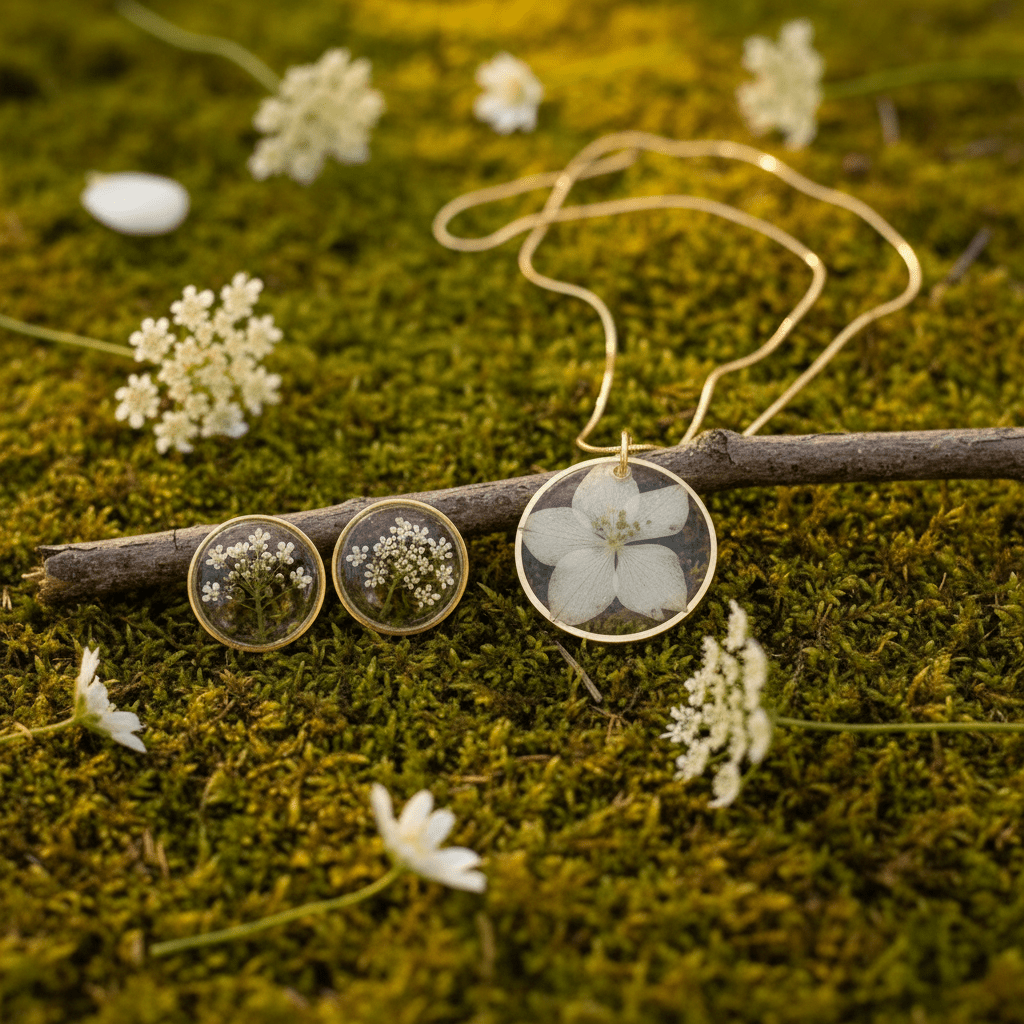 Love-in-the-Mist Resin Jewelry Set – Pressed Flower Necklace & Earrings - The Glossy Gift Shop