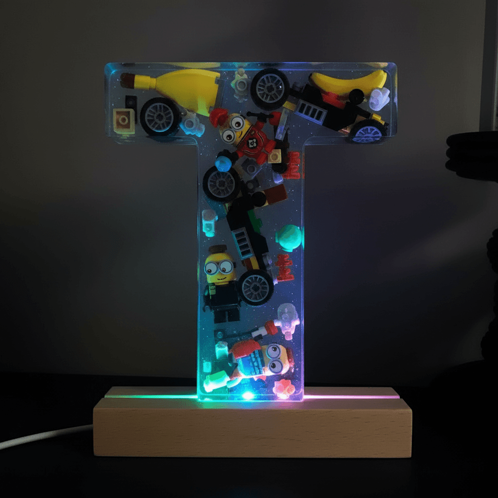 Personalized Minion resin lighted letter T with multicolor LED glow — custom kids night light
