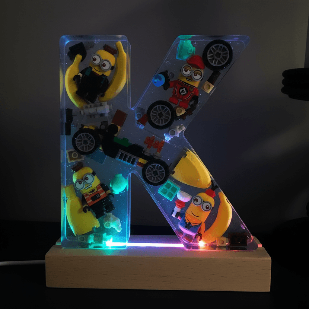Personalized Minion resin lighted letter K with multicolor LED glow — custom kids night light