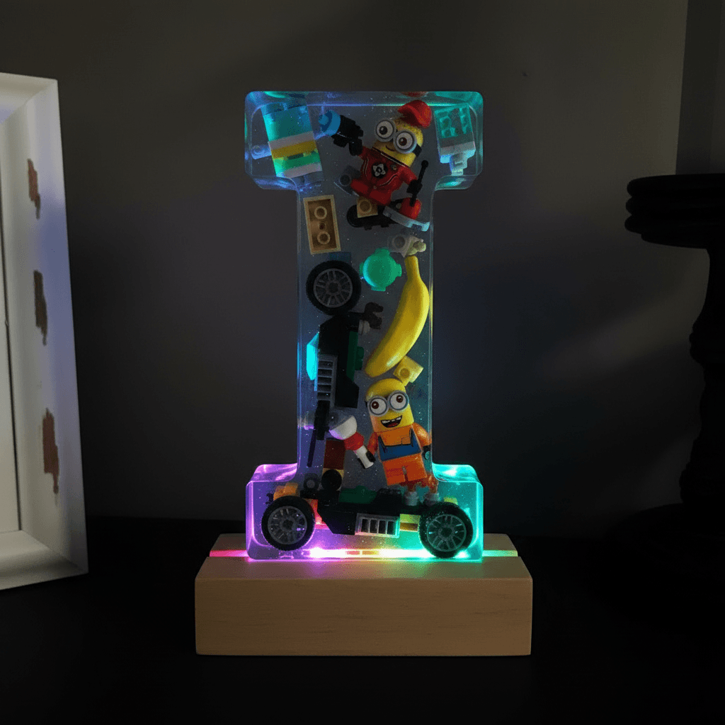 Personalized Minion resin lighted letter I with multicolor LED glow — custom kids night light