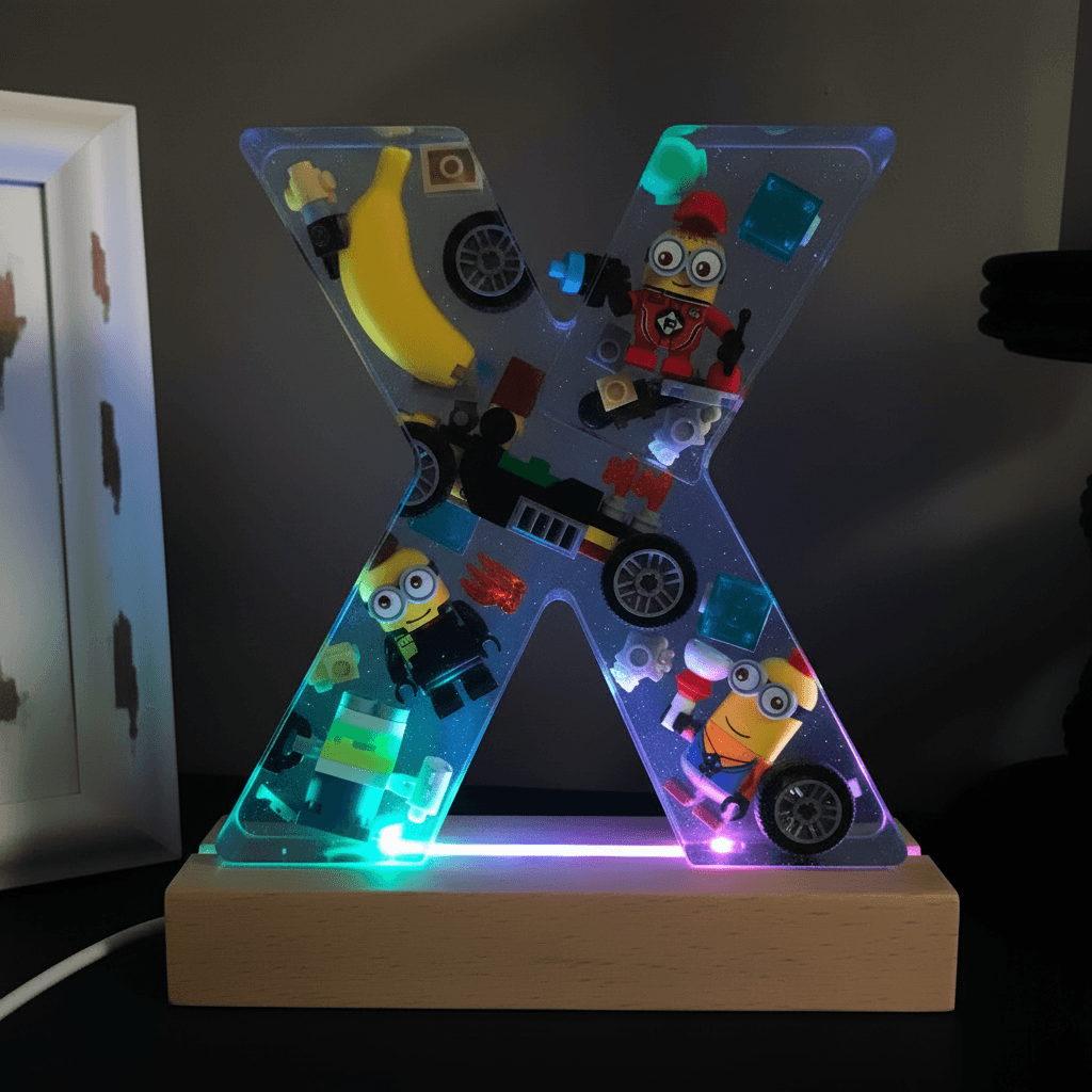 Personalized Minion resin lighted letter X with multicolor LED glow — custom kids night light