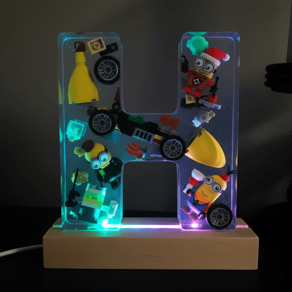 Personalized Minion resin lighted letter H with multicolor LED glow — custom kids night light