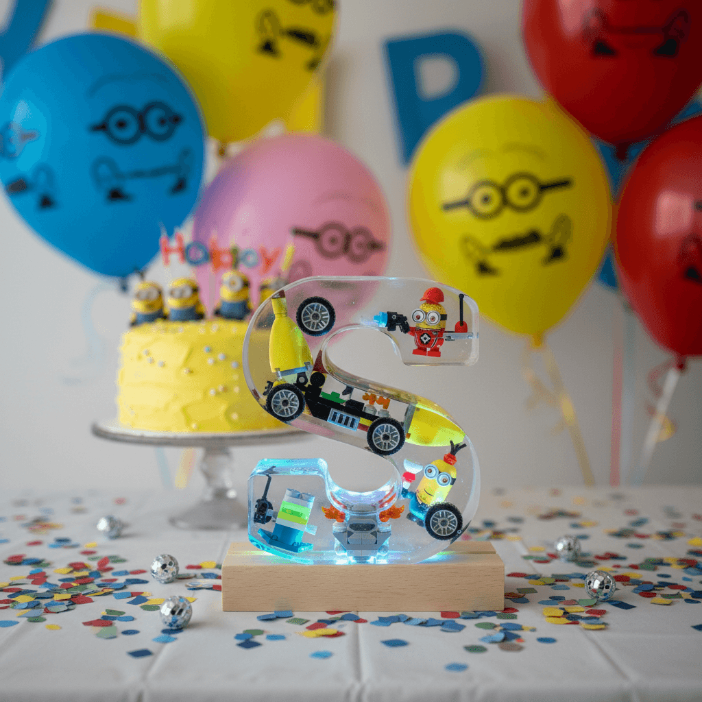Minion resin lighted letter as personalized kids birthday party decoration with balloons