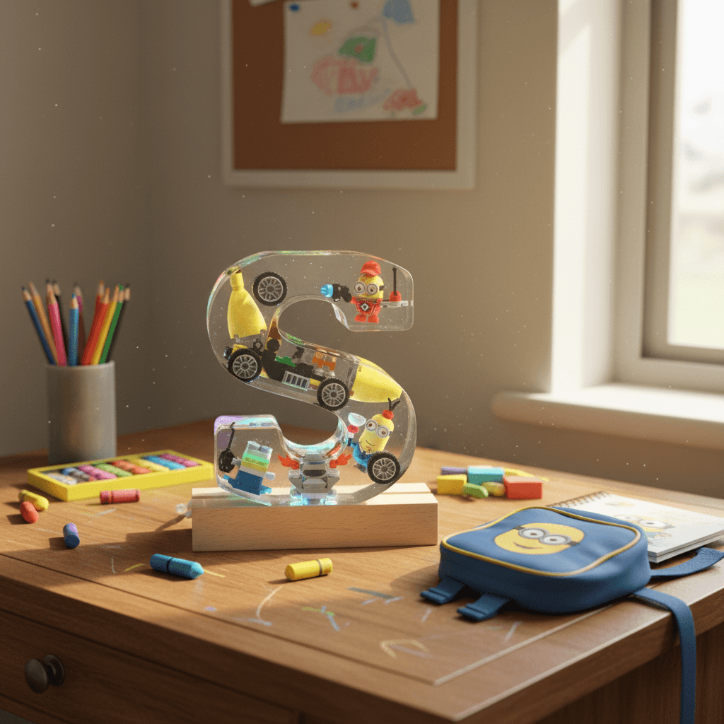 Child creating crafts with Minion resin lighted letter on desk