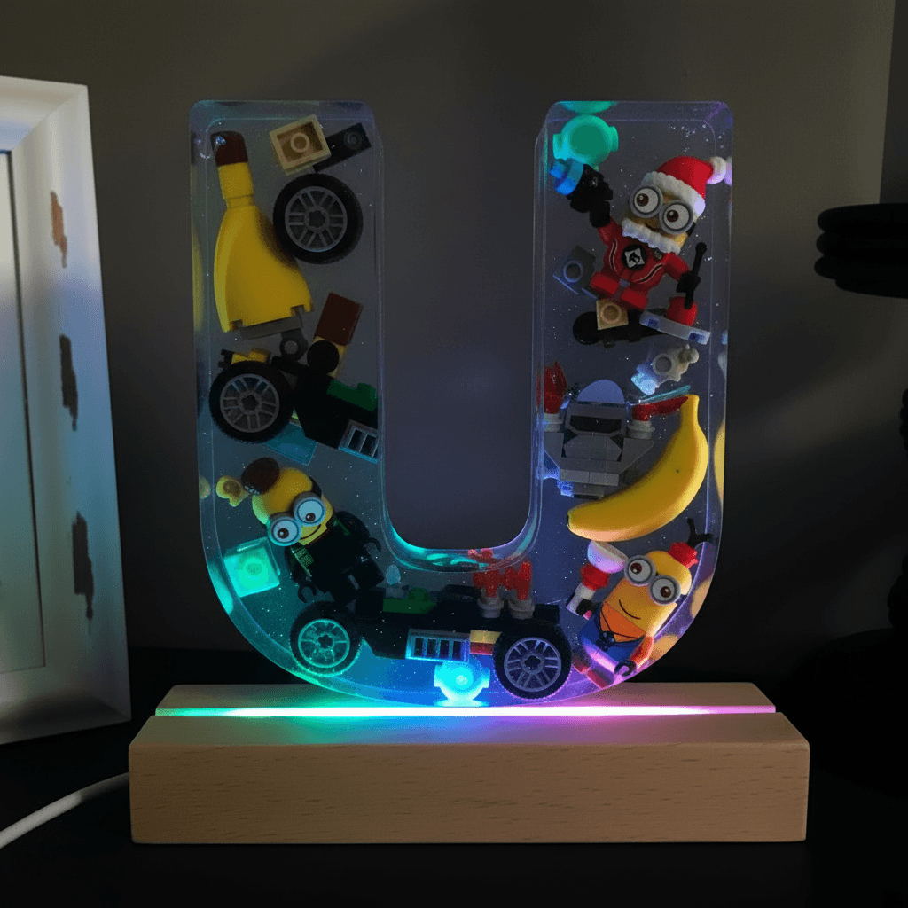 Personalized Minion resin lighted letter U with multicolor LED glow — custom kids night light
