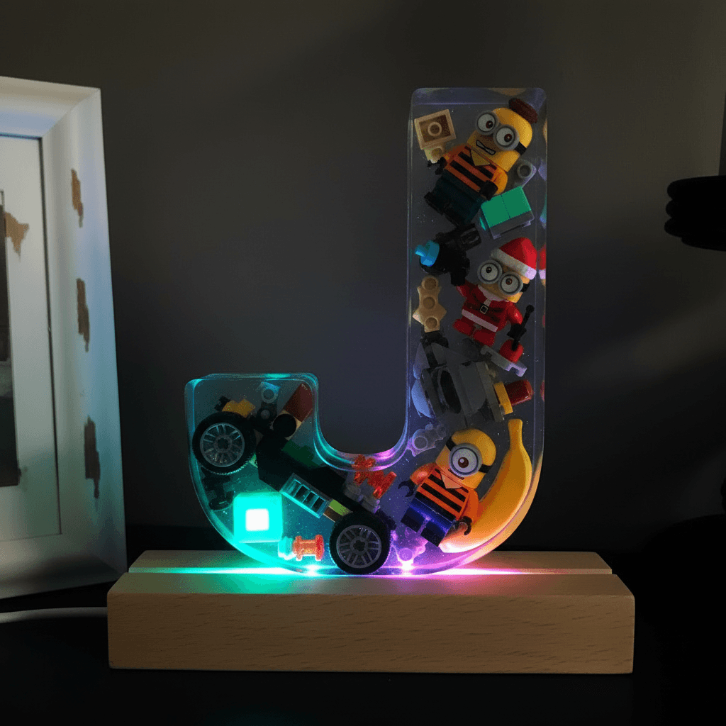 Personalized Minion resin lighted letter J with multicolor LED glow — custom kids night light